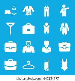 Suit icons set. set of 16 suit filled icons such as security guy, tie, jumpsuit, businessman, case, hanger, jacket, swimsuit, kimono, suitcase, man