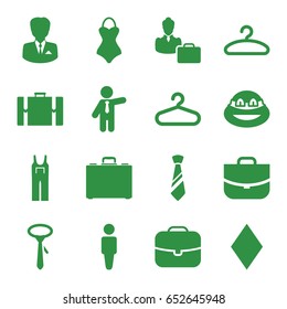 Suit icons set. set of 16 suit filled icons such as hanger, man, diamonds, tie, jumpsuit, businessman, case, ninja, woman consultant with case, swimsuit