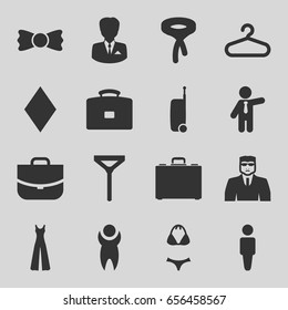 Suit icons set. set of 16 suit filled icons such as hanger, man, diamonds, security guy, tie, jumpsuit, businessman, case, bow tie, swimsuit