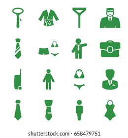 Suit icons set. set of 16 suit filled icons such as man, security guy, tie, businessman, swimsuit, kimono, case