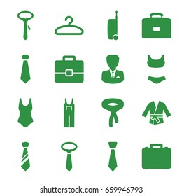 Suit icons set. set of 16 suit filled icons such as tie, jumpsuit, hanger, kimono, businessman, case, suitcase