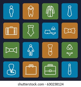 Suit icons set. set of 16 suit outline icons such as man, swimsuit, bow tie, tie, jacket, businessman, suitcase