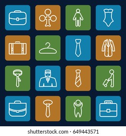 Suit icons set. set of 16 suit outline icons such as man with luggage, clubs, security guy, swimsuit, tie, case, hanger, jacket, suitcase
