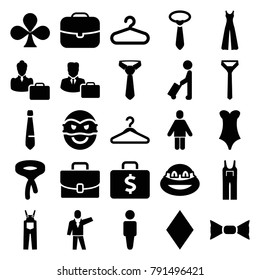 Suit icons. set of 25 editable filled suit icons such as man with luggage, hanger, man, diamonds, tie, bow tie, jumpsuit, case, ninja, male consultant   with case