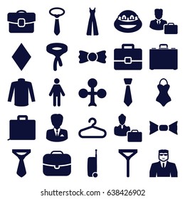 Suit icons set. set of 25 suit filled icons such as hanger, clubs, diamonds, security guy, sweater, tie, bow tie, jumpsuit, ninja, case, male consultant   with case