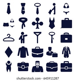 Suit icons set. set of 25 suit filled icons such as man with luggage, clubs, diamonds, security guy, sweater, tie, businessman, case, hanger, jacket, swimsuit