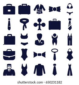 Suit icons set. set of 25 suit filled icons such as clubs, security guy, sweater, swimsuit, tie, bow tie, jumpsuit, case, kimono, businessman, man