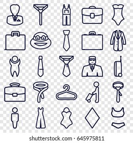 Suit icons set. set of 25 suit outline icons such as man with luggage, hanger, man, diamonds, security guy, swimsuit, tie, jumpsuit, case, jacket, businessman, suitcase, ninja