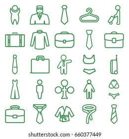 Suit icons set. set of 25 suit outline icons such as man with luggage, hanger, man, clubs, security guy, sweater, tie, jumpsuit, businessman, case, swimsuit, suitcase, kimono