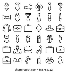 Suit icons set. set of 36 suit outline icons such as man with luggage, hanger, man, clubs, diamonds, security guy, sweater, swimsuit, tie, bow tie, jumpsuit, businessman, case