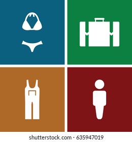 Suit icons set. set of 4 suit filled icons such as man, jumpsuit, swimsuit