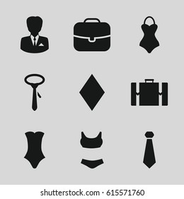 Suit icons set. set of 9 suit filled icons such as Diamonds, swimsuit, tie, businessman, suitcase, case