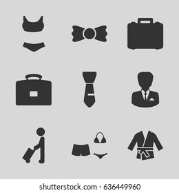 Suit icons set. set of 9 suit filled icons such as man with luggage, tie, bow tie, swimsuit, kimono, businessman, case