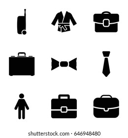 Suit icons set. set of 9 suit filled icons such as bow tie, case, kimono, tie, suitcase