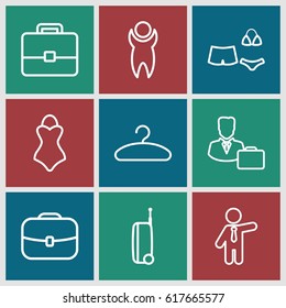 Suit icons set. set of 9 suit outline icons such as businessman, hanger, swimsuit, male consultant   with case, suitcase, case
