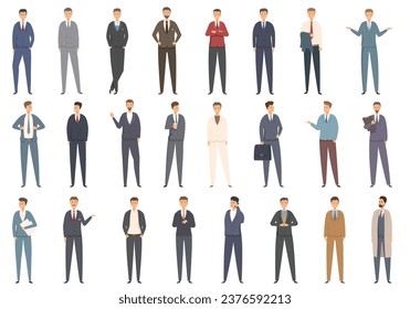 Iconos de ajuste establecen el vector de dibujos animados. Oficina de corbata formal. El novio de la gente