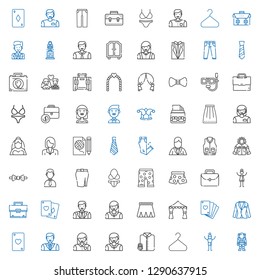 suit icons set. Collection of suit with astronaut, man, hanger, suit and tie, woman, ace of hearts, poker, wedding arch, skirt, briefcase, portfolio. Editable and scalable icons.