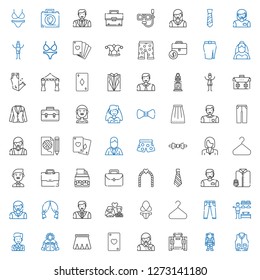 suit icons set. Collection of suit with jacket, astronaut, briefcase, woman, ace of hearts, skirt, groom, dressing room, jeans, hanger, bikini. Editable and scalable suit icons.