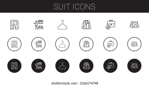 suit icons set. Collection of suit with swim suit, dressing room, hanger, portfolio, pants. Editable and scalable suit icons.