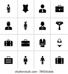 Suit icons. vector collection filled suit icons. includes symbols such as businessman, case, man, tie, kimono, swimsuit, suitcase. use for web, mobile and ui design.