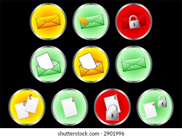 Suit of interface round buttons with different colors and internet forums theme over black background