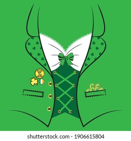 Suit With Jacket And Corsage Coins In Pocket.  Print For Female T Shirt. St Patrick's Day Vector Illustration.