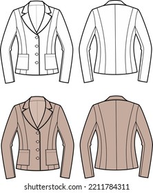 Suit jacket flat sketch Business classic blazer apparel design. Front back. Women CAD mockup. Fashion technical drawing template. Vector illustration.