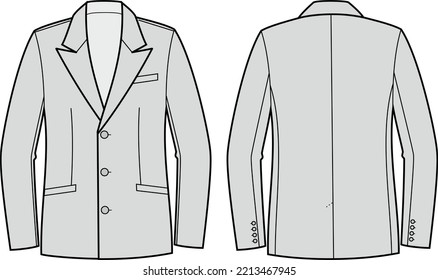 Suit jacket flat sketch Business classic blazer apparel design. Front back. Men CAD mockup. Fashion technical drawing template. Vector illustration.