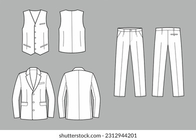 Suit jacket, pants, waistcoat flat sketch. Office wear apparel design. Front back. Men CAD mockup. Technical drawing template. Vector illustration.