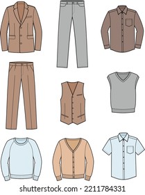 Chaqueta de traje para hombres, pantalones, pantalones, camisa de manga larga, camisa de manga corta, chaleco, chaleco de punto, cardigan, saltador. Establecer. Ilustración vectorial.