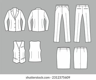 Suit jacket, trousers, skirt, waistcoat sketch. Business wear apparel design. Front back. Women CAD mockup. Technical drawing. Vector illustration.