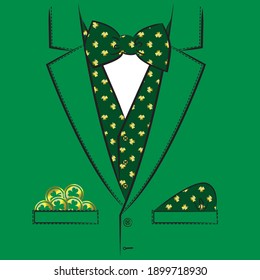 Suit with jacket, vest and bow tie with gold clover pattern and coins in pocket.  Print for t shirt. St Patrick's day vector illustration.