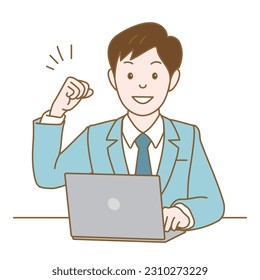 A suit man with a hands up pose in front of a personal computer,Vector Illustration