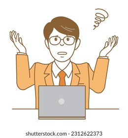 A suit man with a hands up pose in front of a personal computer,Vector Illustration