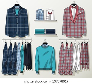 The suit for the man hangs on a hanger