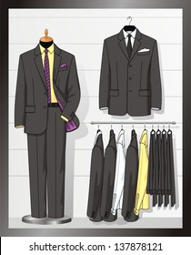 The suit for the man hangs on a hanger