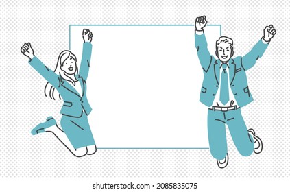 Suit man and woman who are happy to jump, copy space