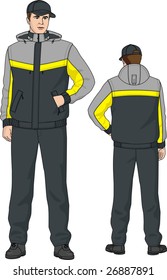 The suit man's consists of a jacket and trousers.