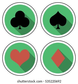 suit of playing cards flat style, marks cards for playing pokker on flat green background with shadow, vector suit.