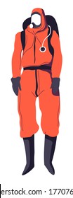 Suit protecting from radiation, pollution or biohazard substances and disease transmission. Safety clothes worn by disinfecting services workers, medical staff. Danger of coronavirus, vector