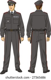 The suit of the security guard consists of a jacket, trousers and a peak-cap.