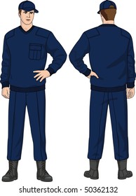 The suit of the security guard consists of a jumper, trousers, a cap and boots