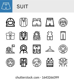suit simple icons set. Contains such icons as Swimsuit, Space suit, Jacket, Shorts, Short, Woman, Briefcase, Tuxedo, Astronaut, Clothes, Trousers, can be used for web, mobile and logo