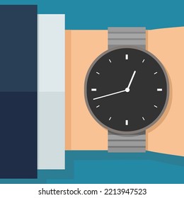 Suit sleeve or we see a wrist on which a watch with a round hand is hung (flat design)