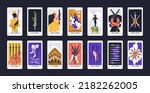 Suit of Swords in tarot cards deck. Modern esoteric minor arcanas designs pack with Nobles. Occult Taro Ace, King, Knight, Queen, Two through Ten symbols. Isolated colored flat vector illustrations