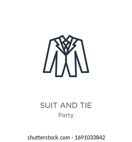 Icono de traje y corbata. Icono de trazo lineal delgado y contorno de empate aislado en fondo blanco de la colección de partidos. Signo vectorial de línea, símbolo para web y móvil