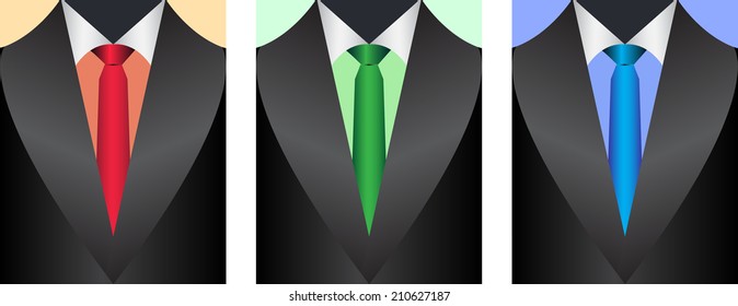 Suit with tie in three color variants