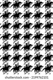 Suit tweed houndstooth pattern, pied-de-poule, seamless, stylized with silhouettes of horsewomen, black and white