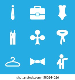 suit vector icons. Set of 9 suit filled icons such as Clubs, swimsuit, bow tie, tie, jumpsuit, businessman, hanger