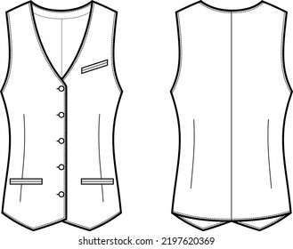 Suit vest flat sketch. Classic waistcoat apparel design. Front and back. Women CAD mockup. Fashion technical drawing template. Vector illustration.